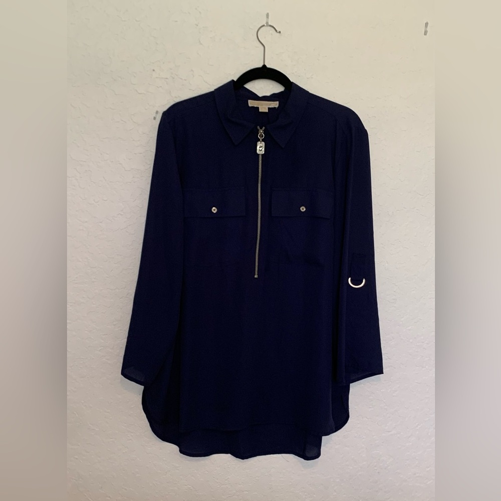 Michael Kors Blue Boxy 3/4 Sleeve Polo Blouse